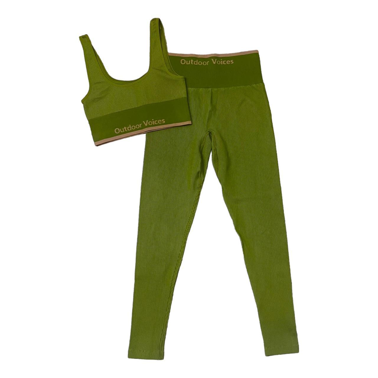 Outdoor Voices Women's Green and Cream Leggings Depop