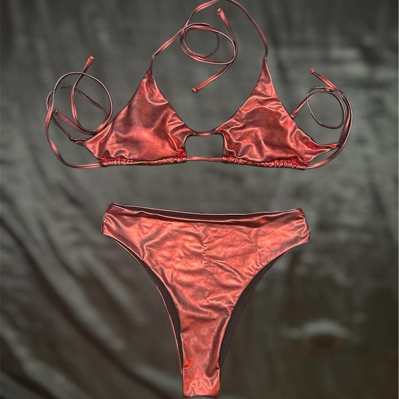 Red Metallic High Waisted Bikini & Mesh Skirt Cover | Depop