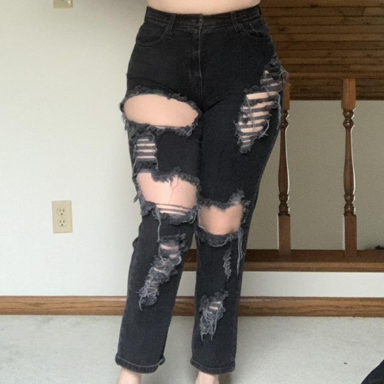 Fashionnova Ripped Black High Waisted Jeans Size 9... - Depop