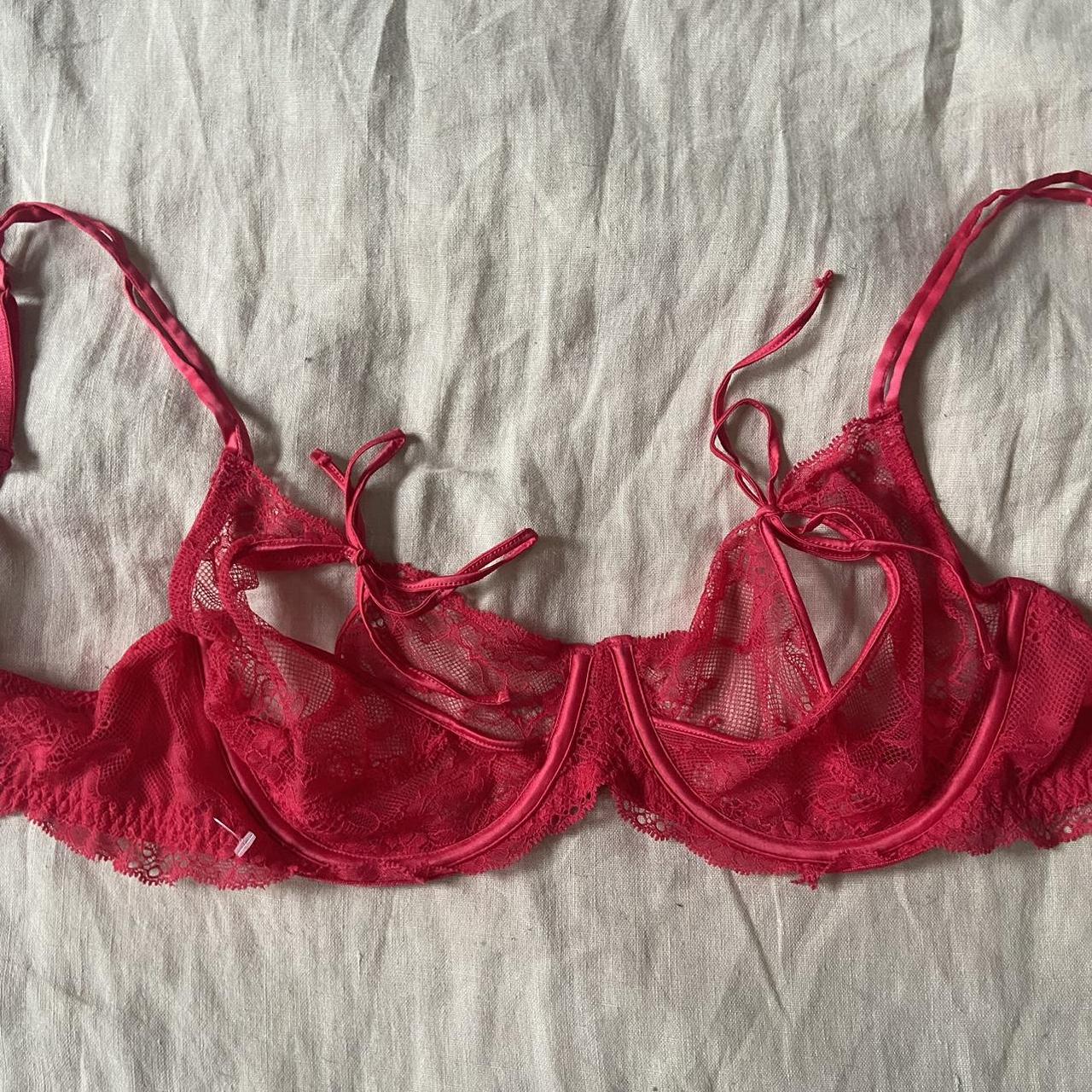 Y2K red lacy sheer bra. Cups are overlapping panels... - Depop