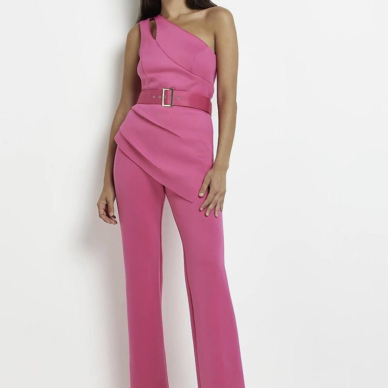 River Island Pink One Shoulder Belted Jumpsuit Size. Depop