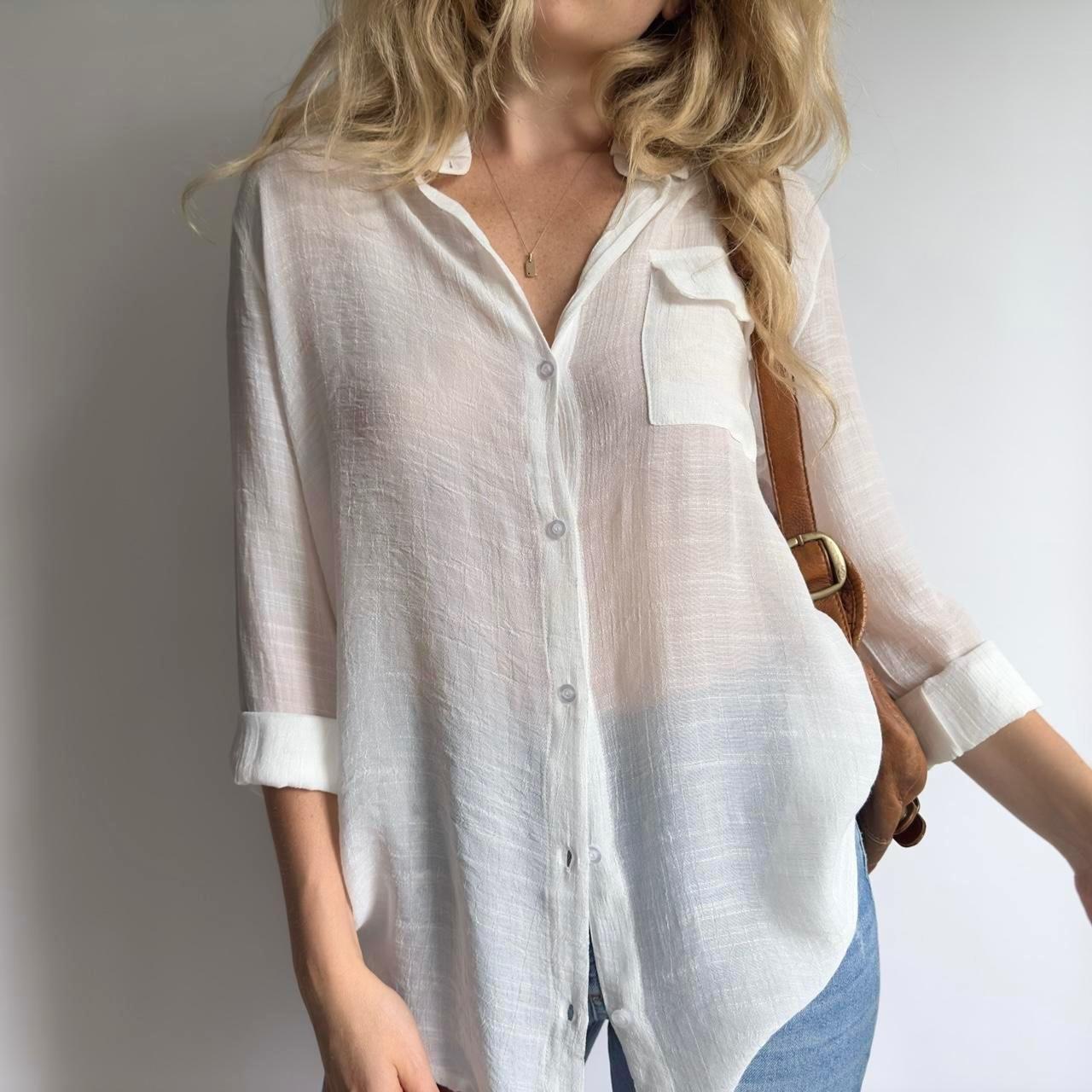 Semi sheer white long sleeve button down blouse A... Depop