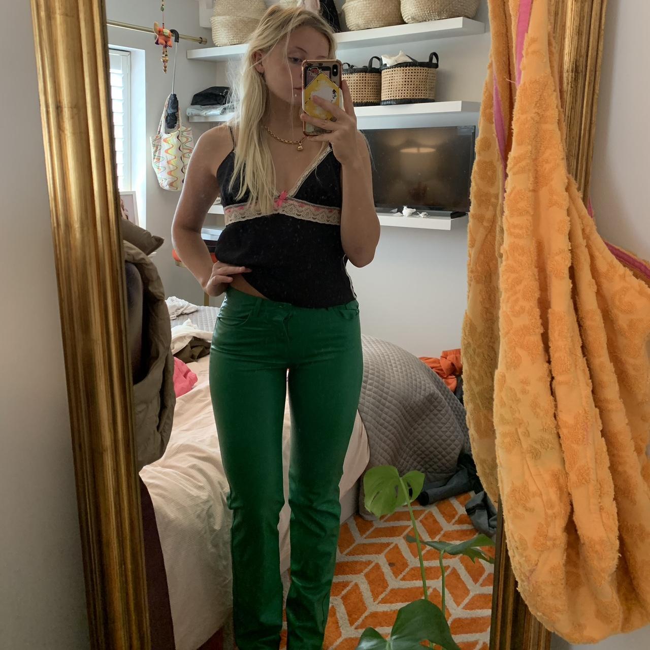 Green faux leather bootleg trousers - very... - Depop