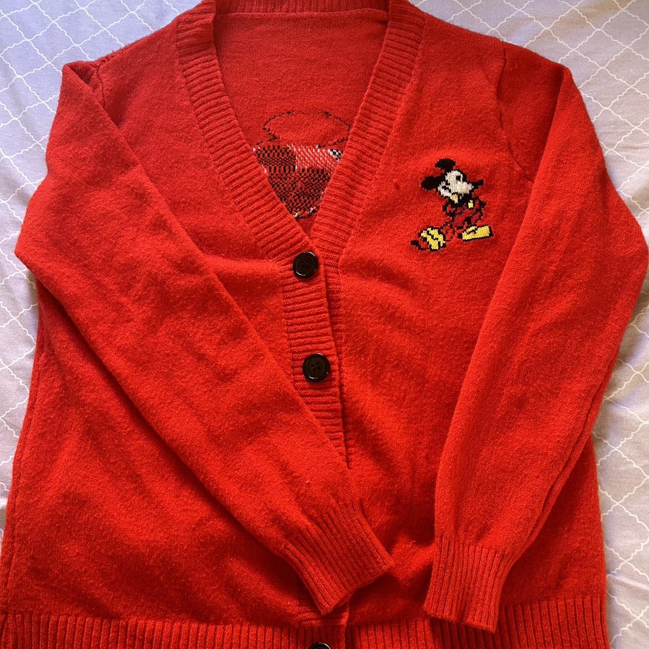 Red Mickey Mouse cardigan with a cute Mickey on the. Depop