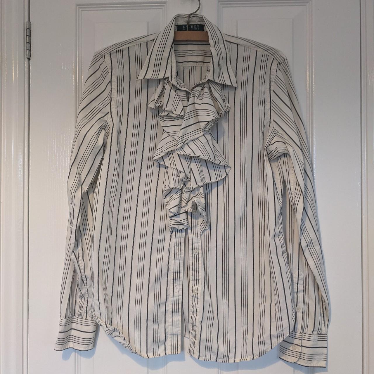 Ralph Lauren white shirt with black stripes. Ruffle... - Depop