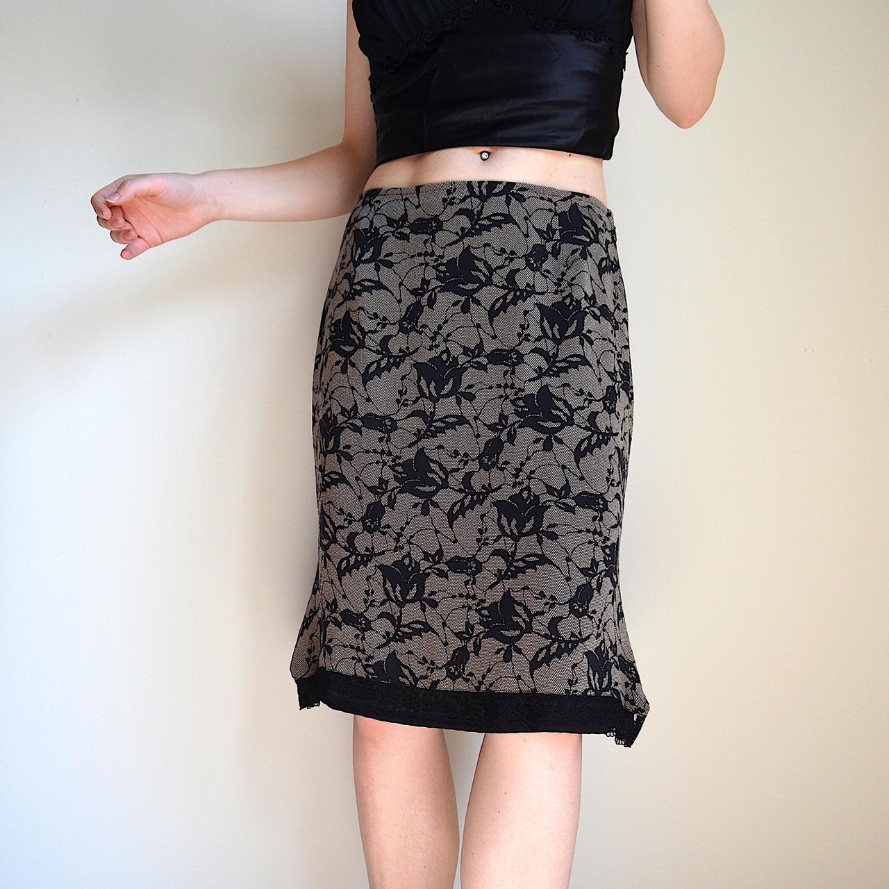 black and gray silk skirt with lace and floral... Depop
