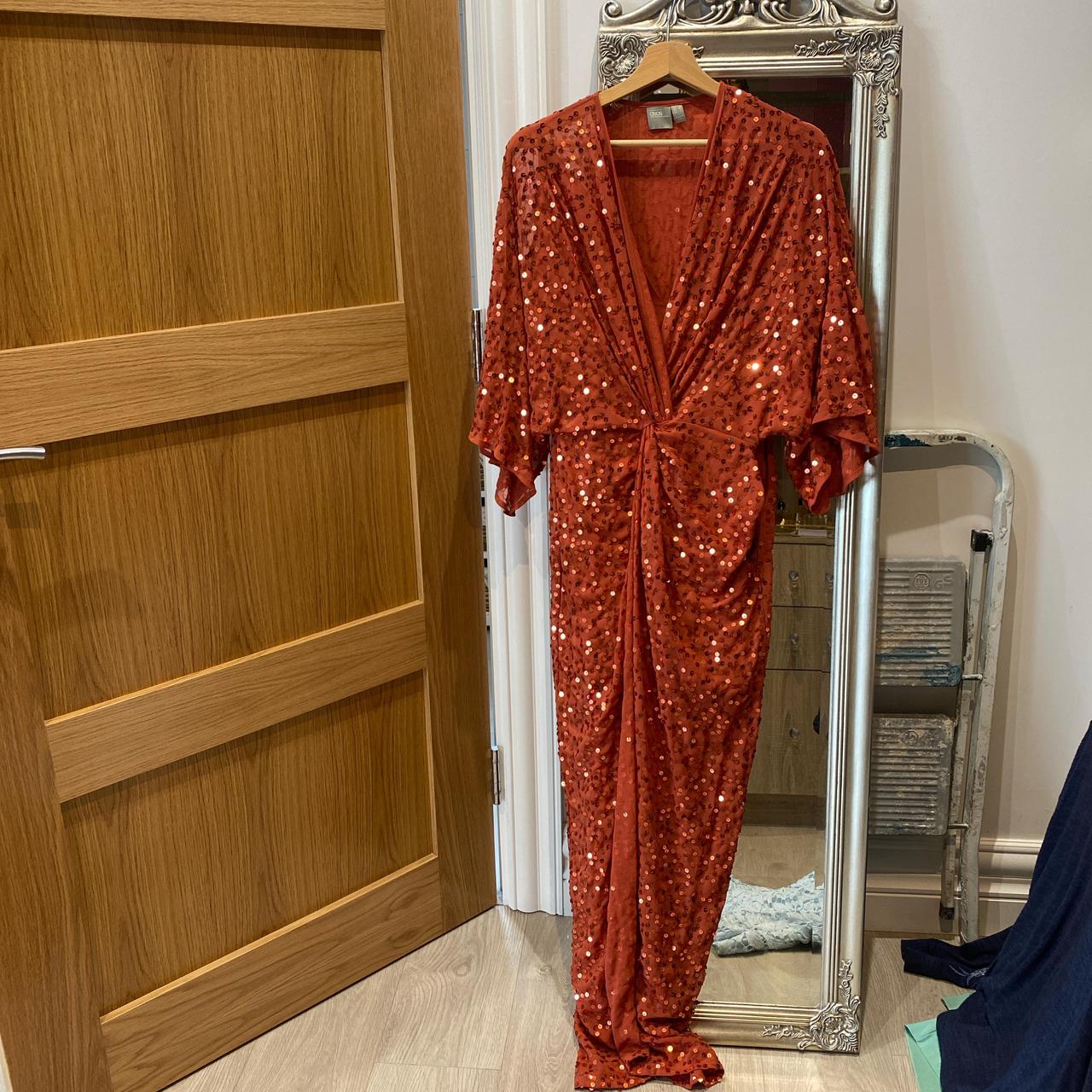 Burnt orange sequin maxi dress with tie waist Depop