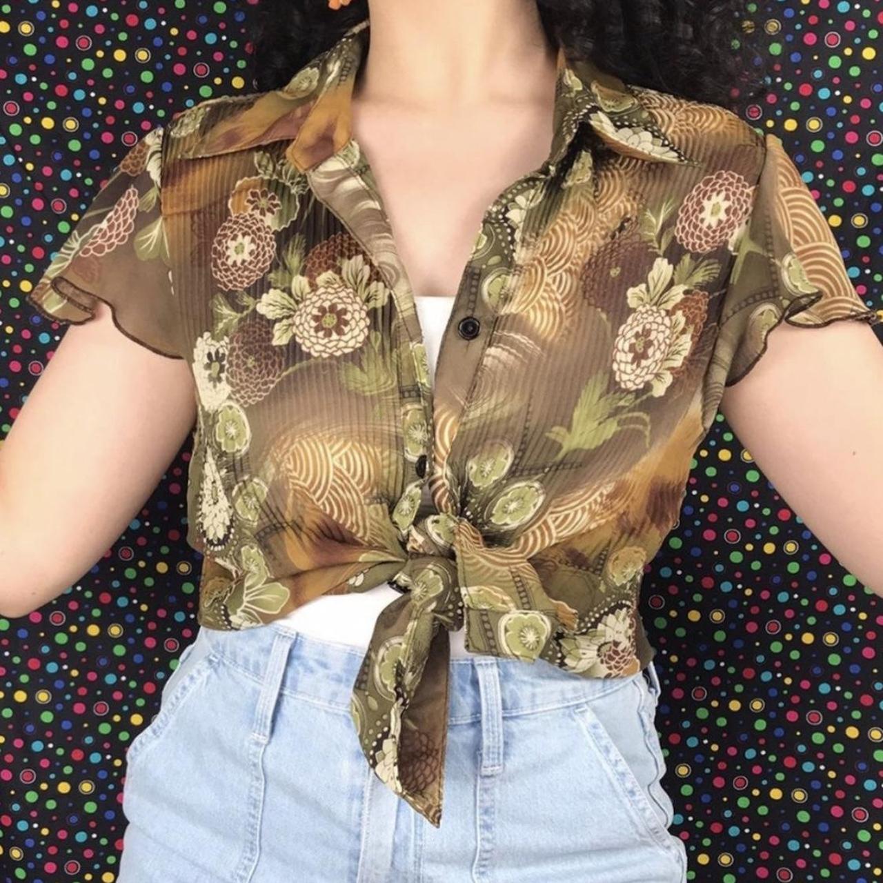 Y2K Brown Short Sleeve Floral Top - button up -... - Depop