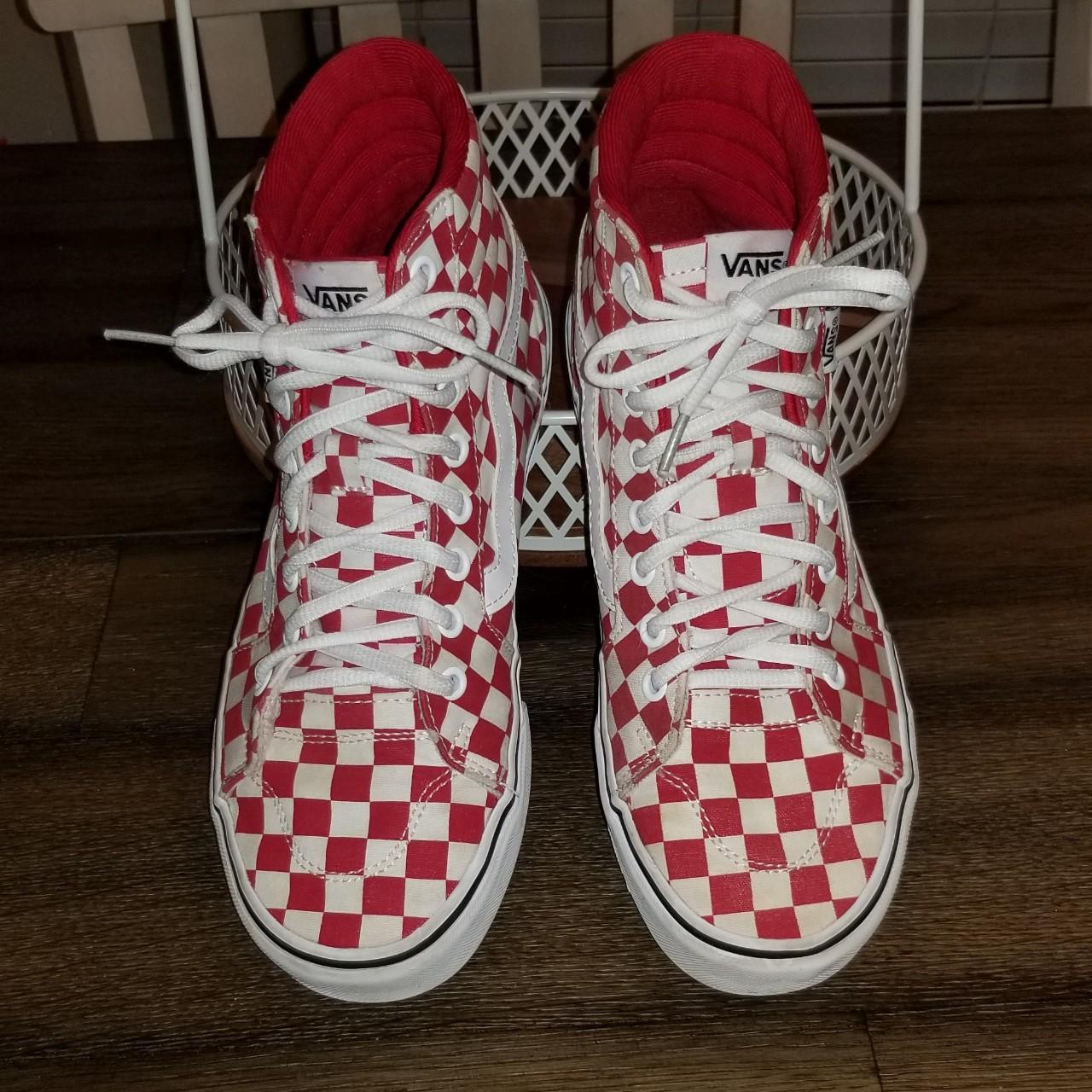 Red and white checkered vans hot sale high top