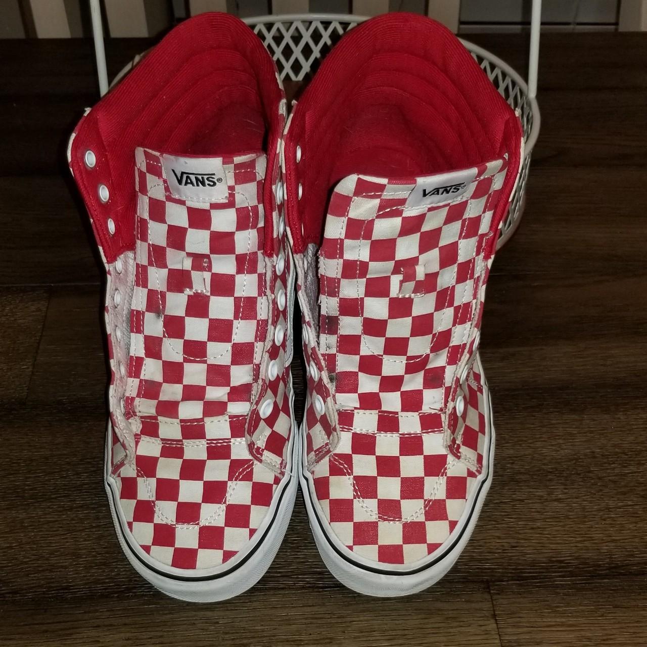 Vans red clearance checkered high tops