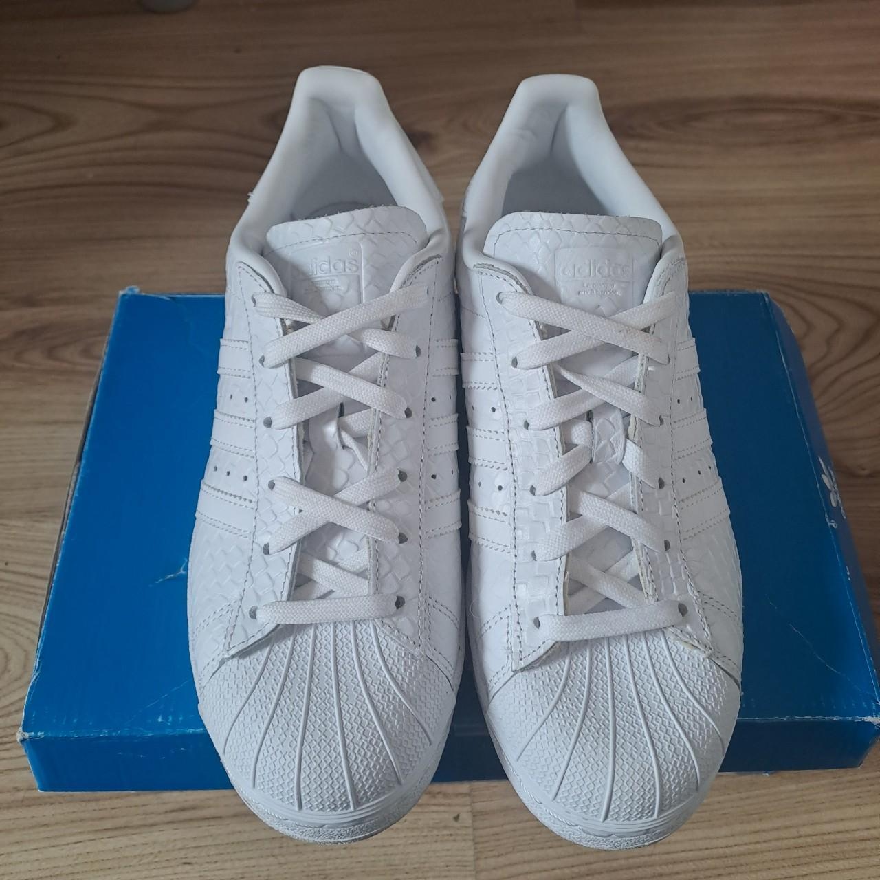 Womens white snake print Adidas superstars. Size... Depop