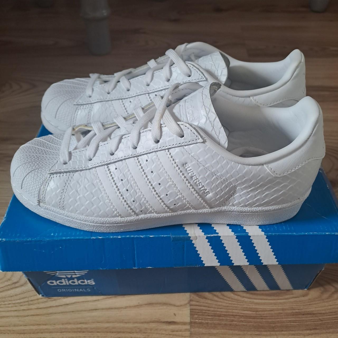 Womens white snake print Adidas superstars. Size... Depop