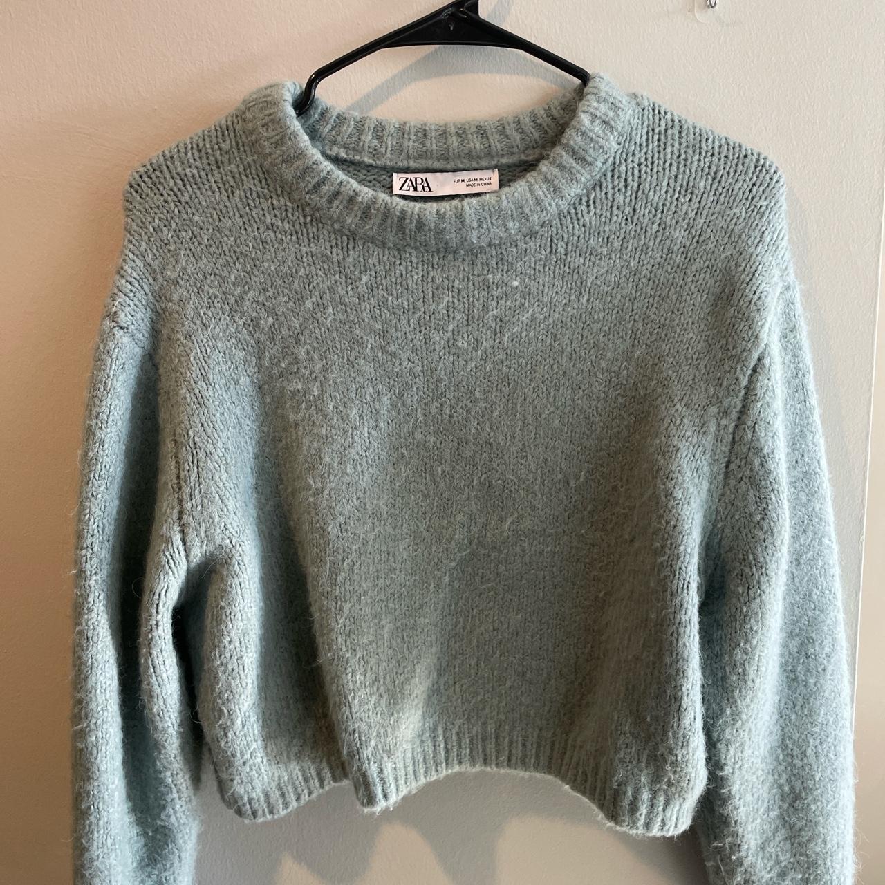 Zara Teal Blue Cropped Sweater Size M Wool-Blend... - Depop