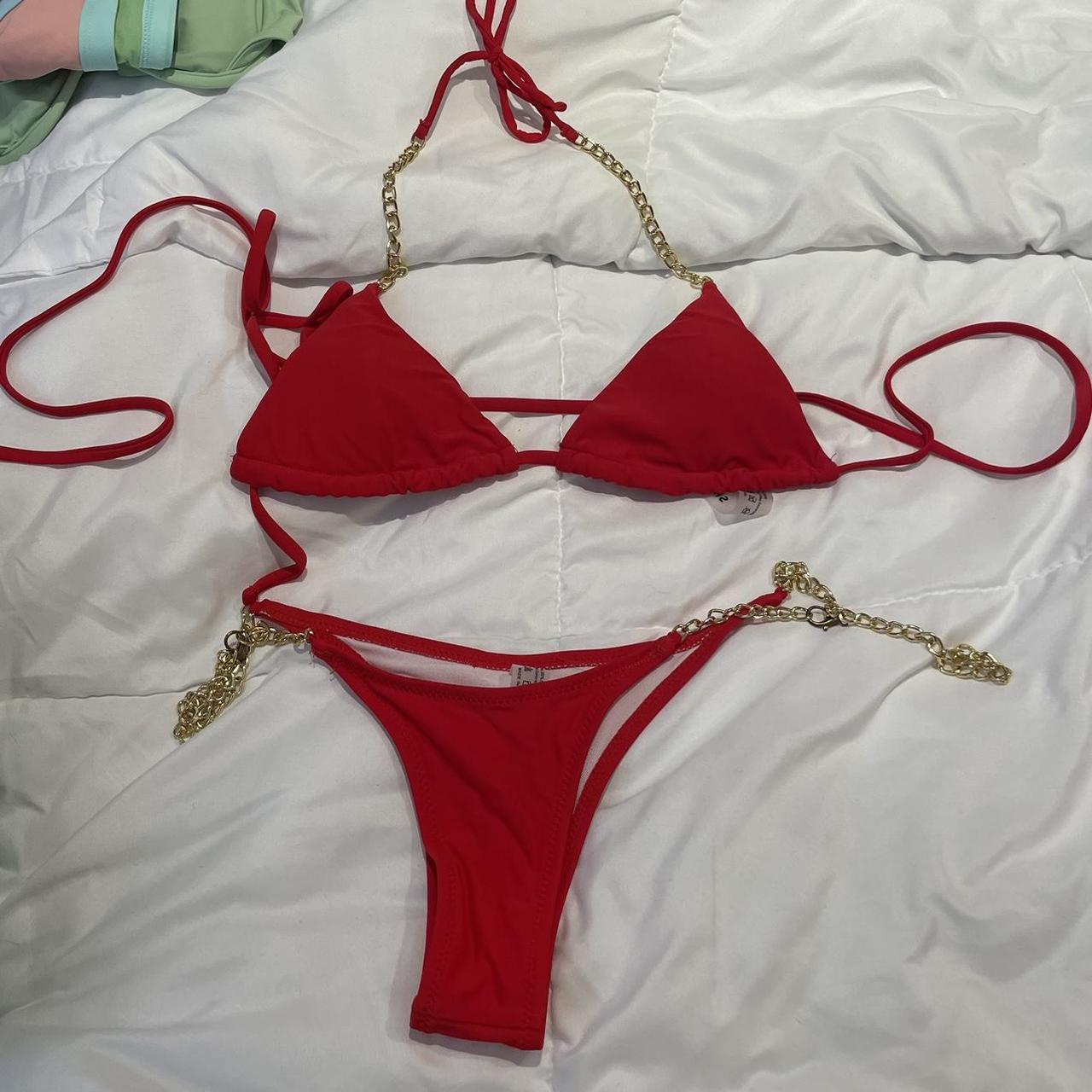 Shein red chain bathing suit bikini set (strappy)...