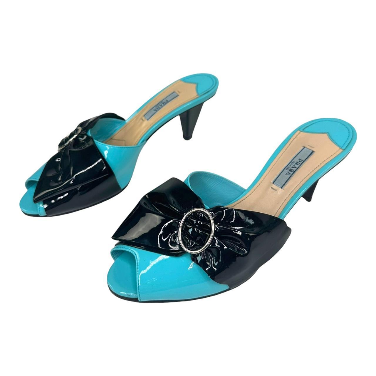 prada patent bow kitten heels, aqua blue and