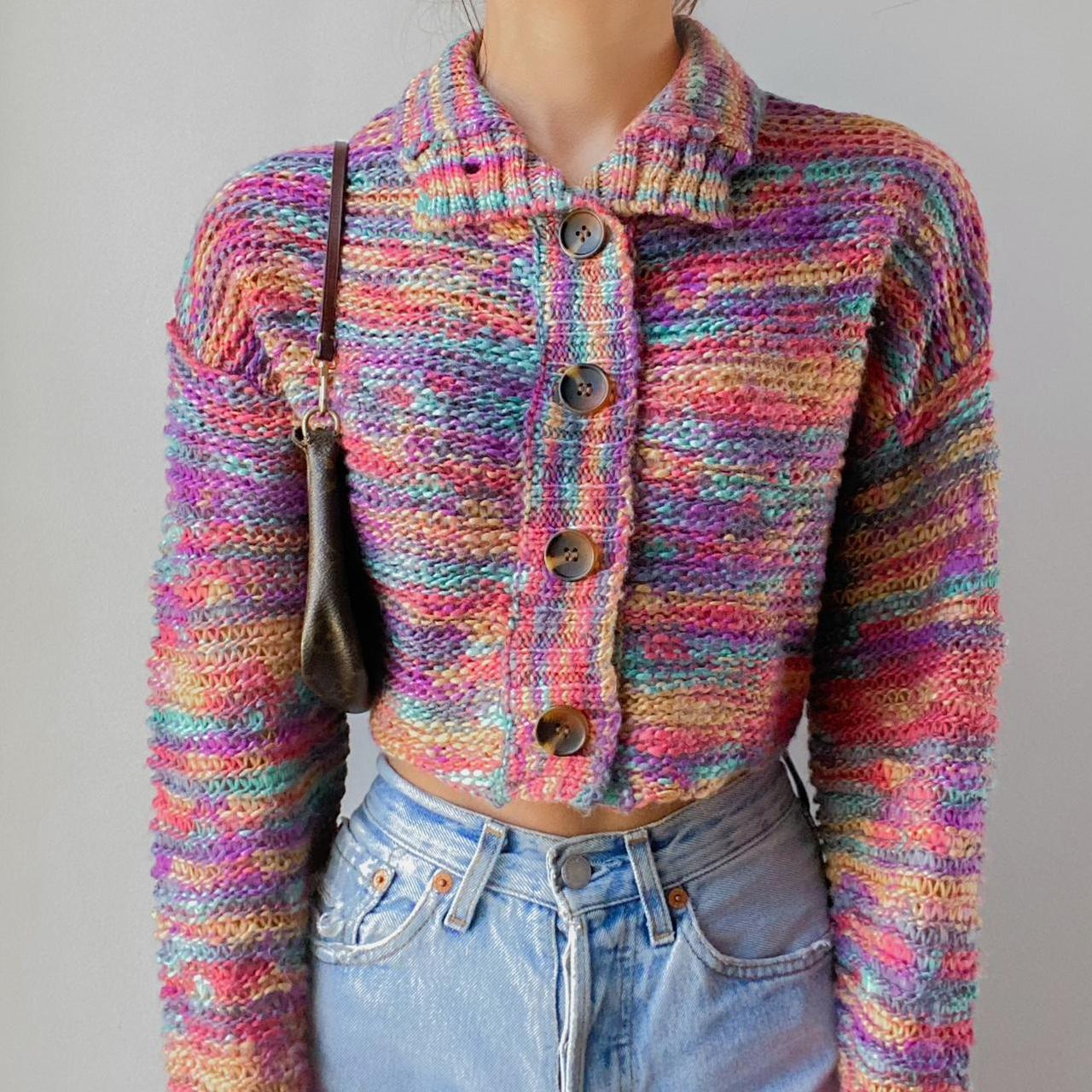 Rainbow Cropped Collared Sweatshirt Knitted Sweater Rainbow Crop