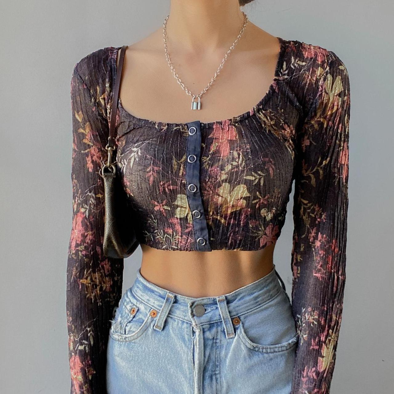 Free People - Floral Lace Button Front Crop Top in... - Depop