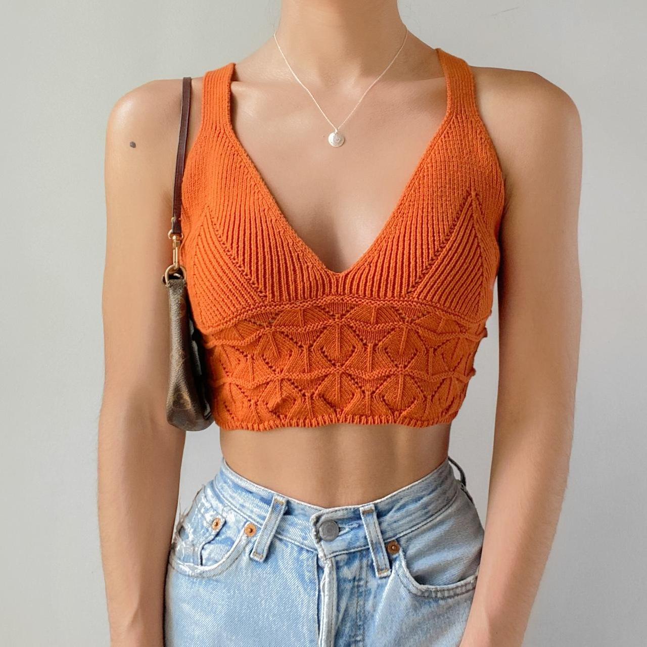 Free People - Textured Knit Orange Crop Tank Top - Depop