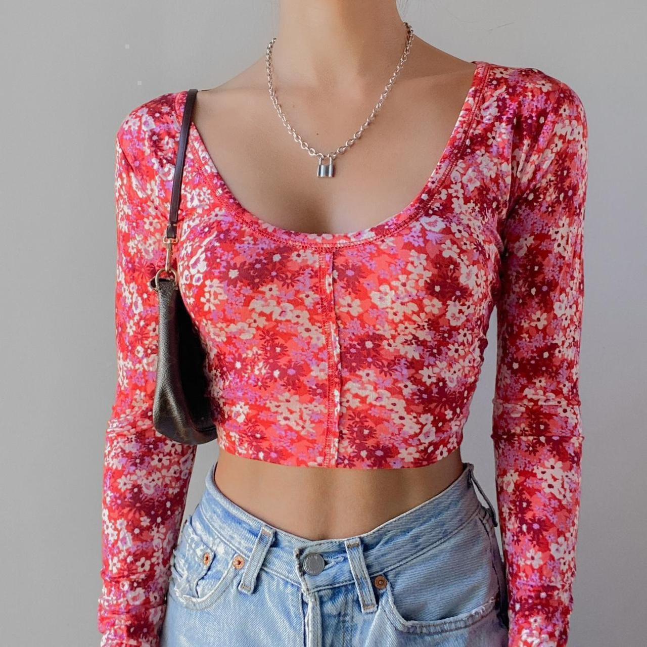 Free People - Multicolor Pink Floral Printed Crop... - Depop