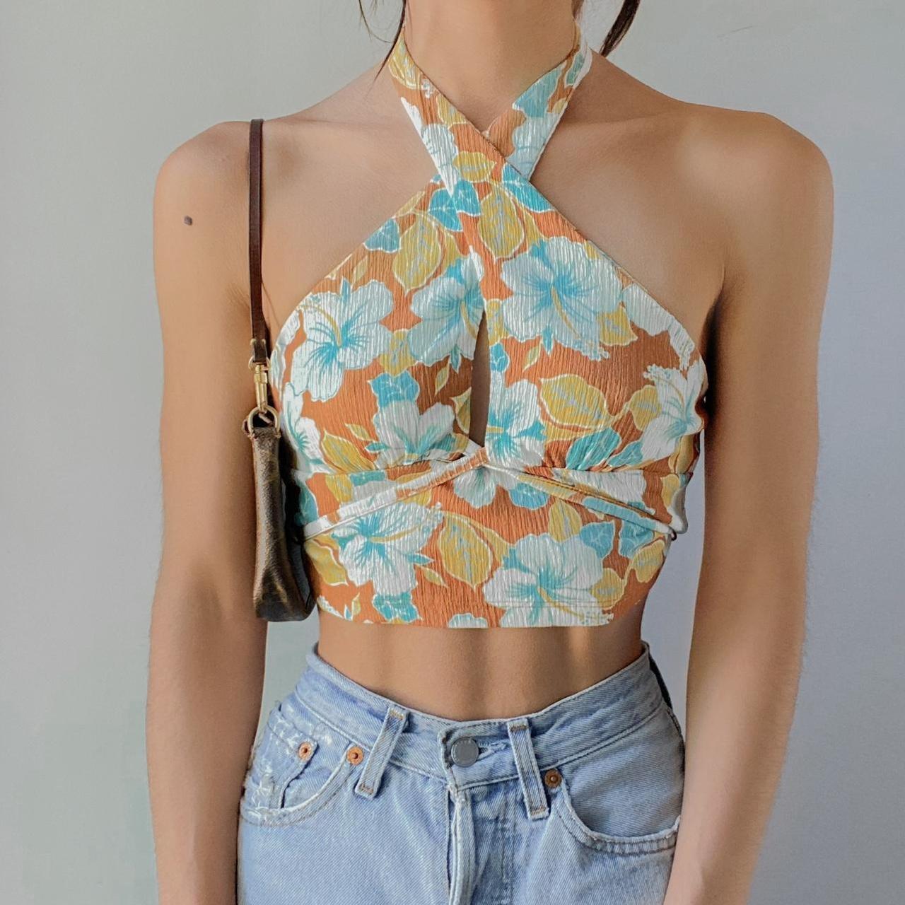 Urban Outfitters Floral Tropical Print Wrap Cut Out... - Depop