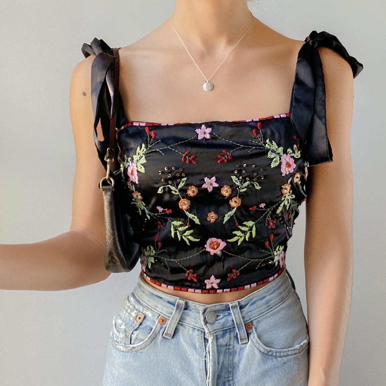 Vintage black floral corset top Floral embroidered - Depop