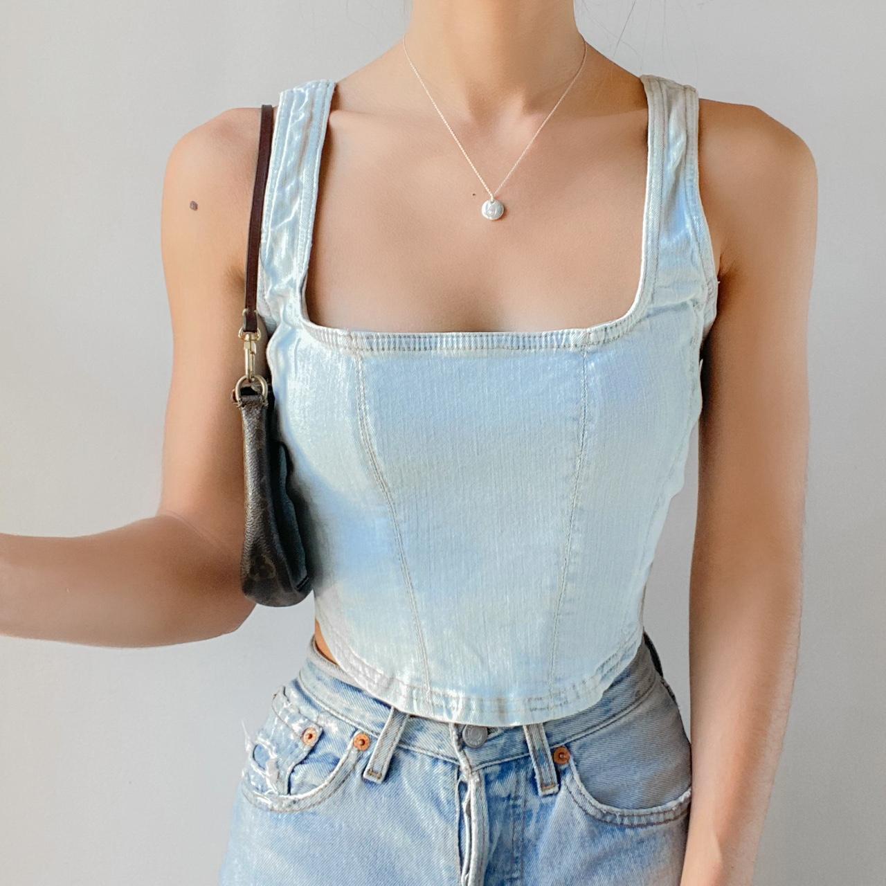 Free People Denim Seam Corset Top in Light Wash - Depop