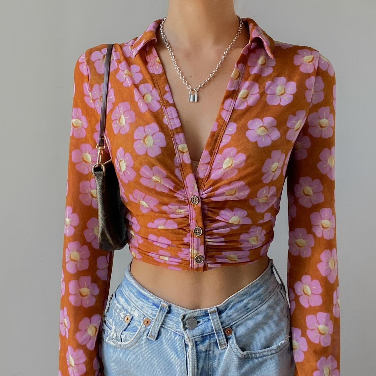Free People - Mesh Floral Print Ruched Collared | Depop