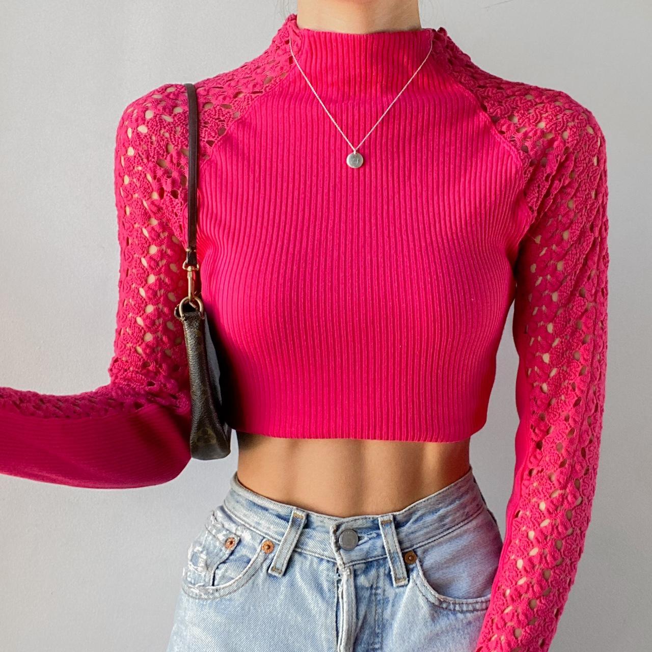 NWT Free People Back on selling Top Floral Crop Knit Top in Hot Pink Combo