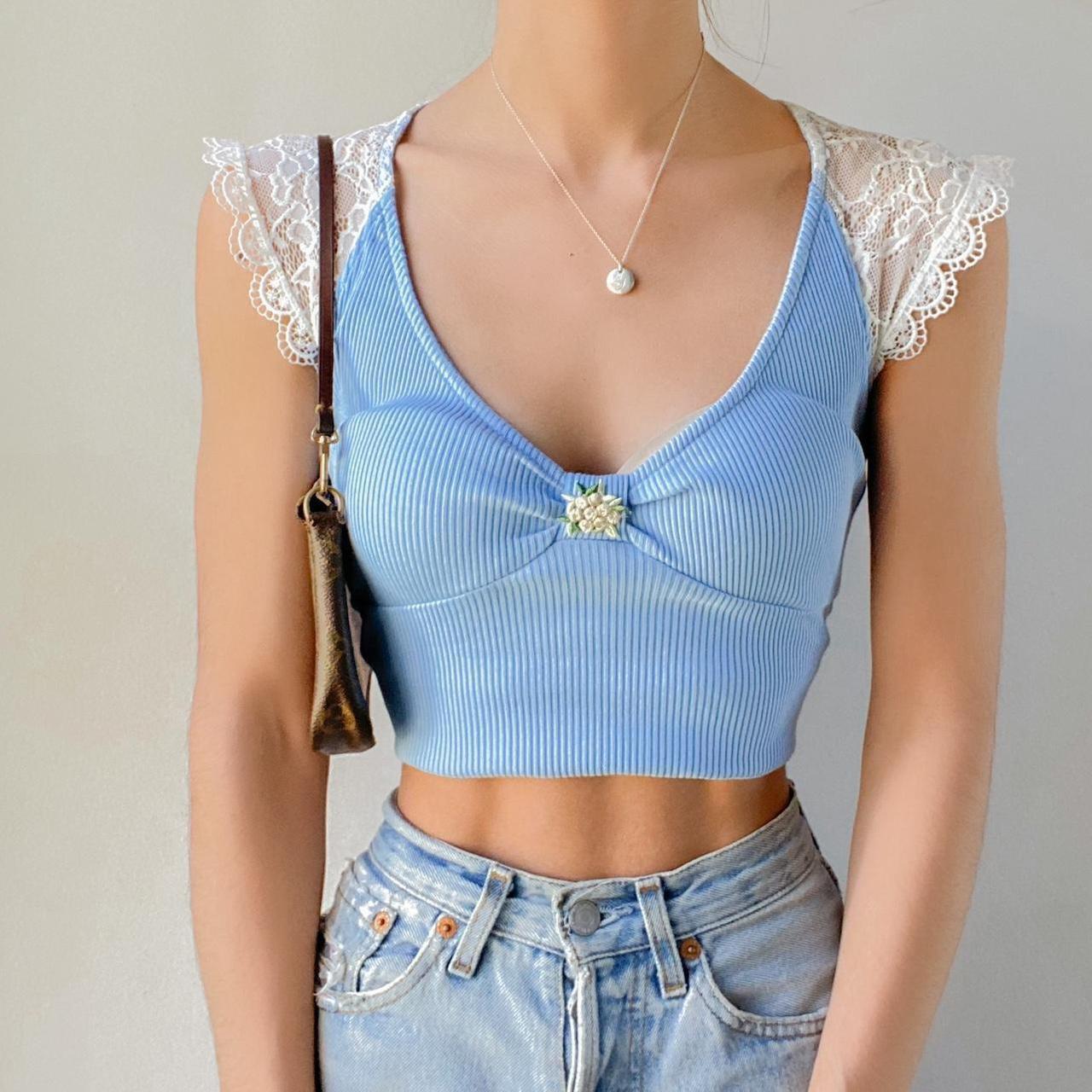 Free People Blue Floral Lace Crop online Top