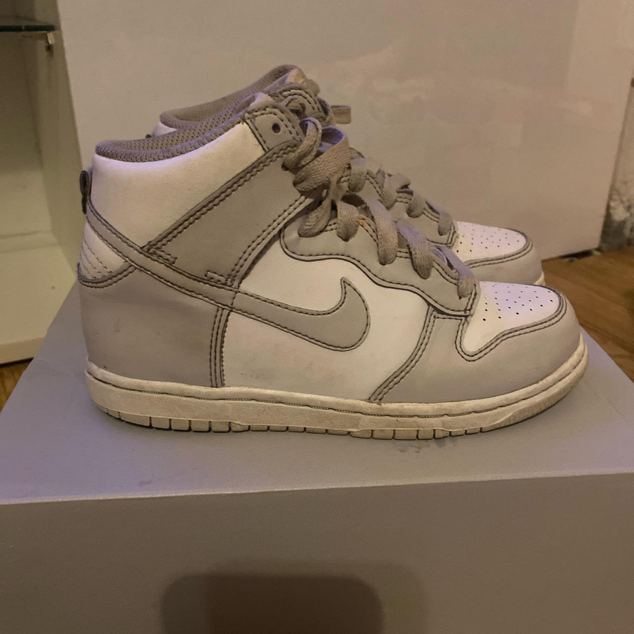 Grey and white Nike dunk kids Size 13 Worn - Depop