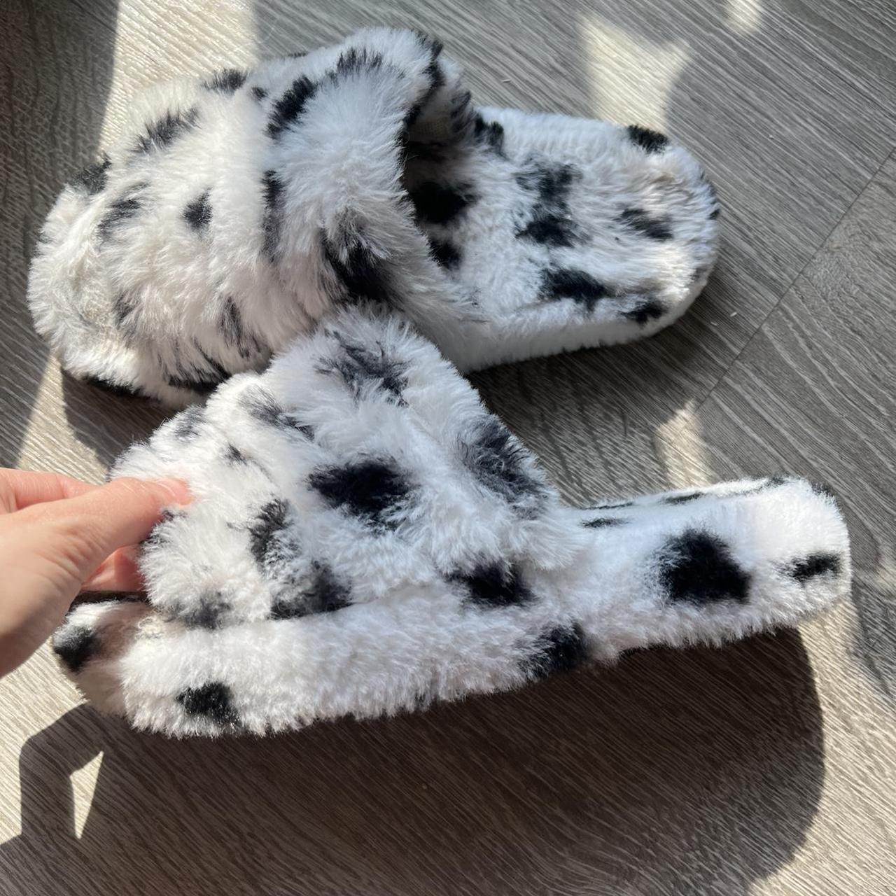 Super cute cow print fuzzy slippers Size womens... - Depop