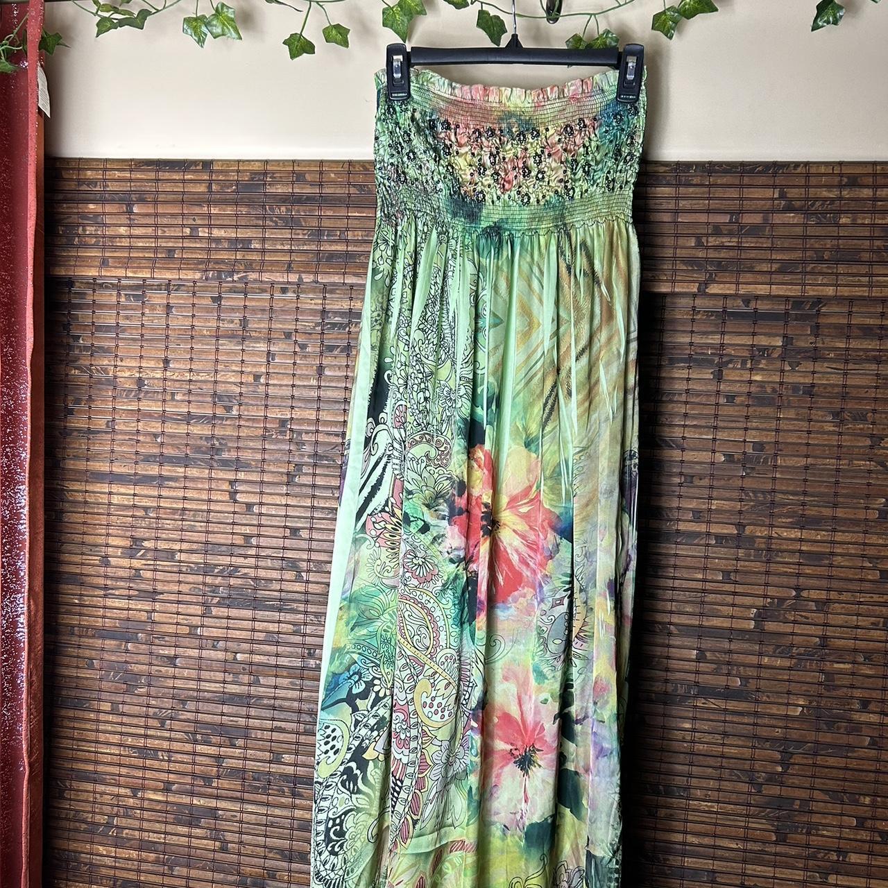 Green mock silk hippie dress (says one size,... - Depop