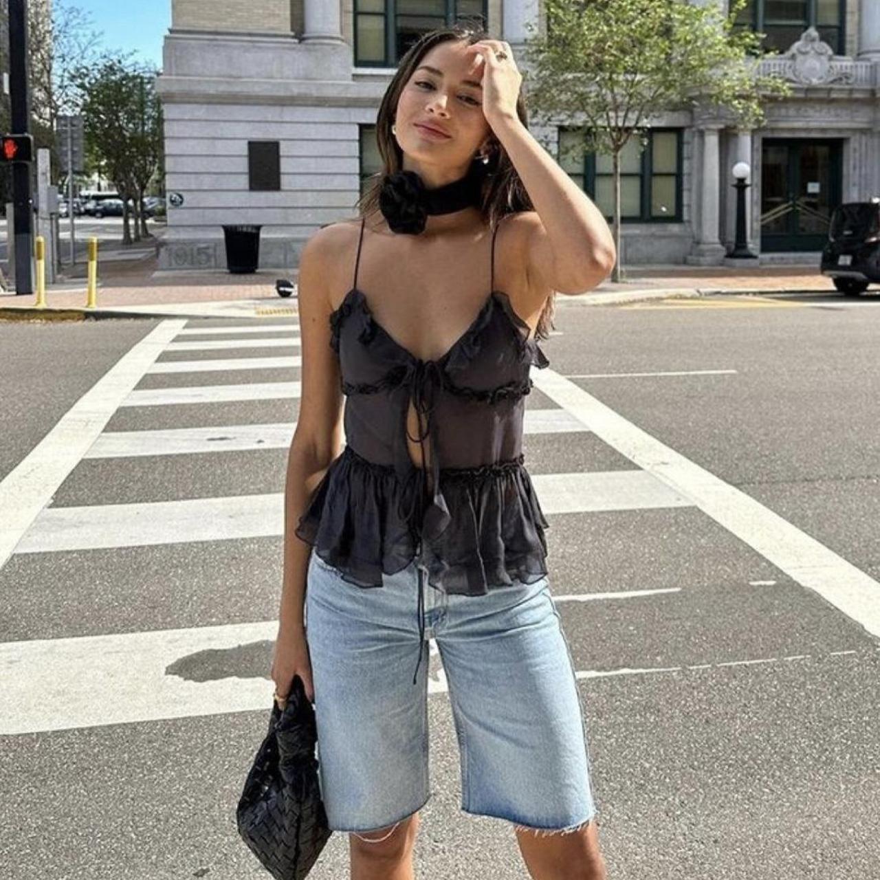Zara ruffle semi sheer gray top Tank top with | Depop