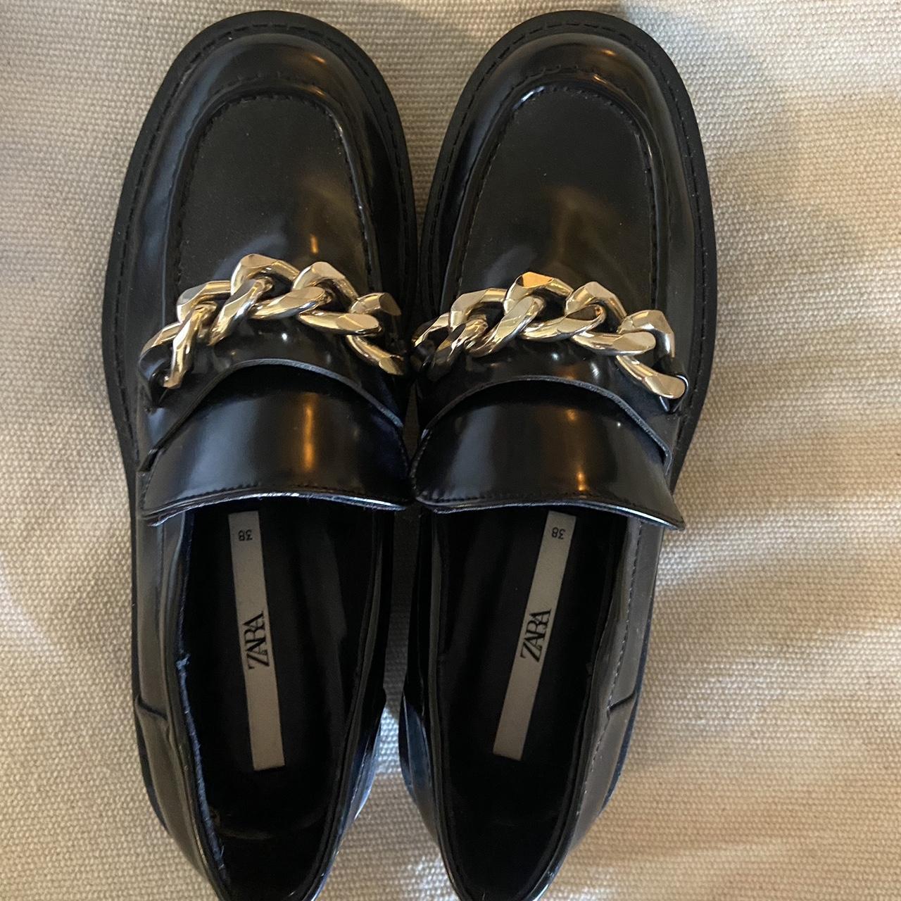 Zara Women's Black and Gold Loafers | Depop