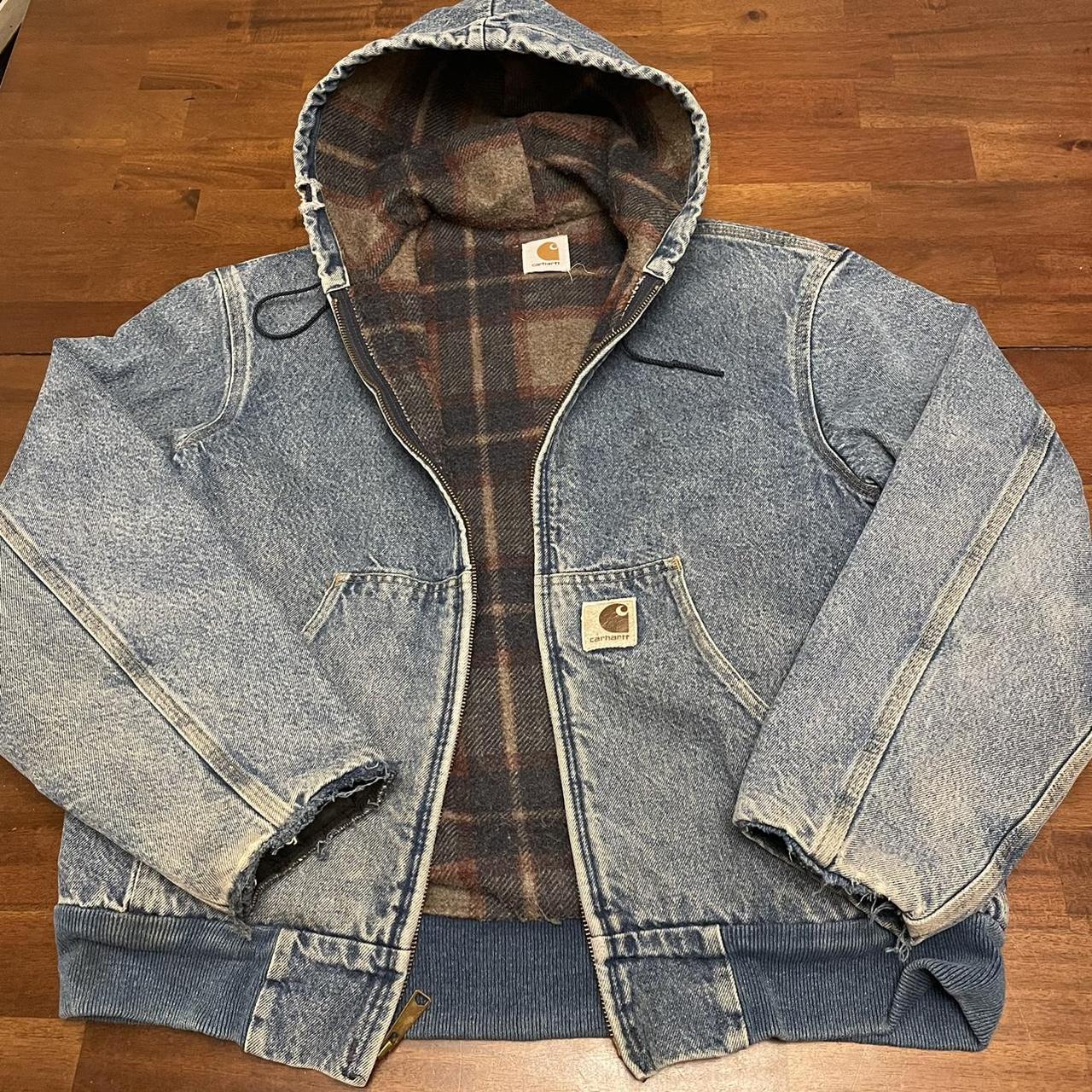 Vintage Carhartt blanket lined denim hooded jacket,... - Depop