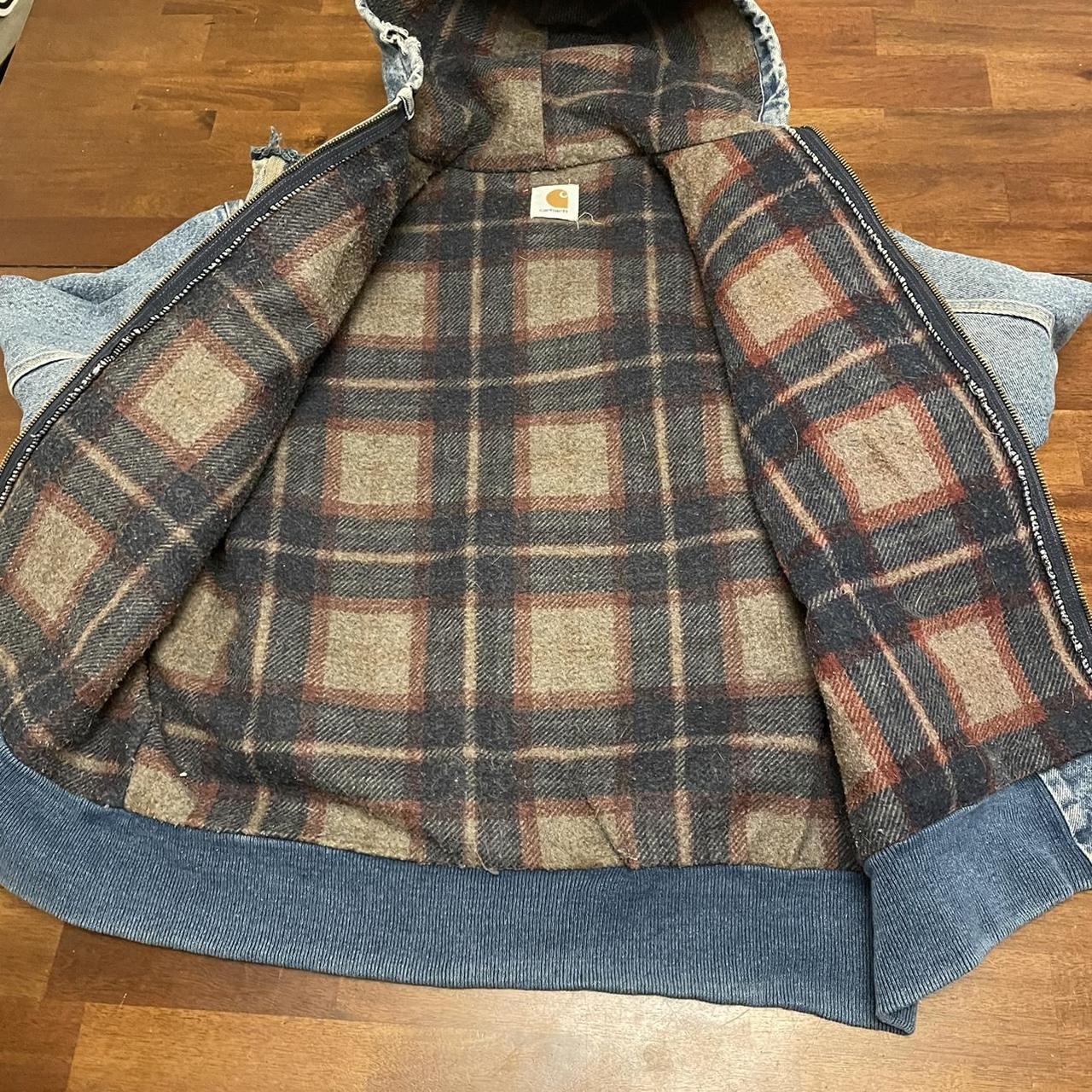 Vintage Carhartt blanket lined denim hooded jacket,... Depop