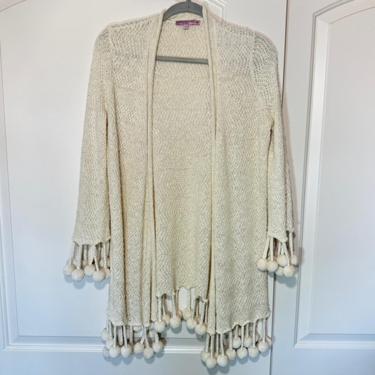 Calypso St Barth Size L Ivory Cardigan store Pom Poms Y2K Boho Vacation Bohemian