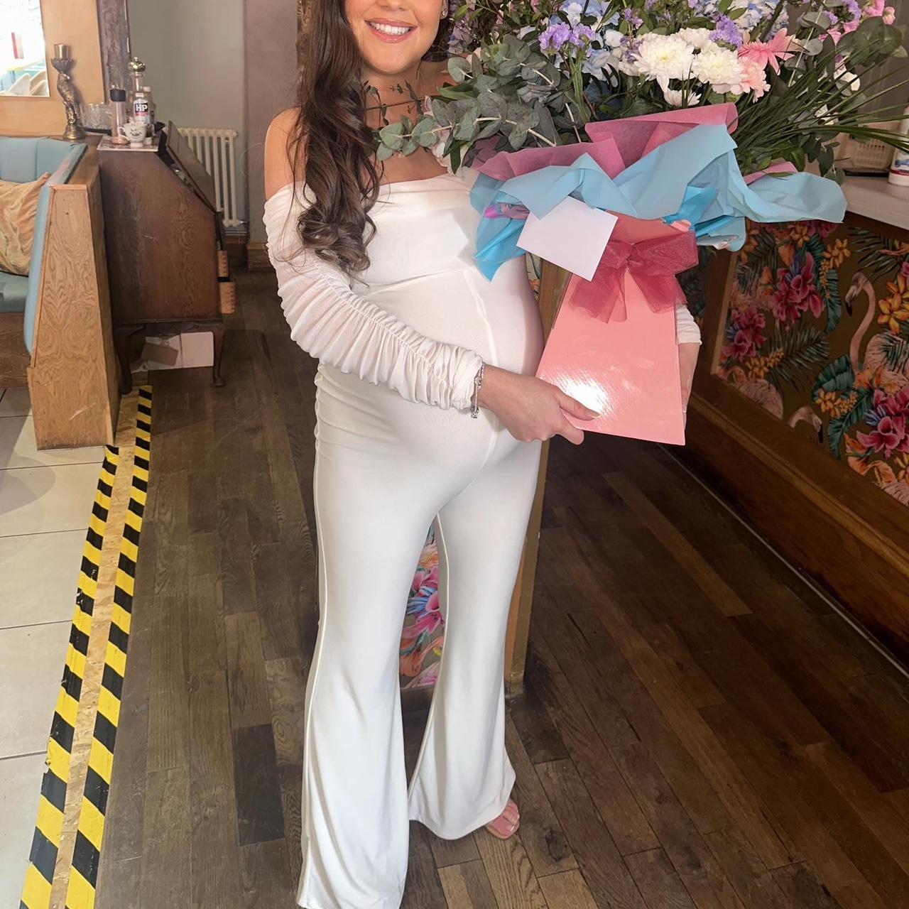 WHITE MATERNITY RUCHED MESH BARDOT JUMPSUIT SIZE Depop