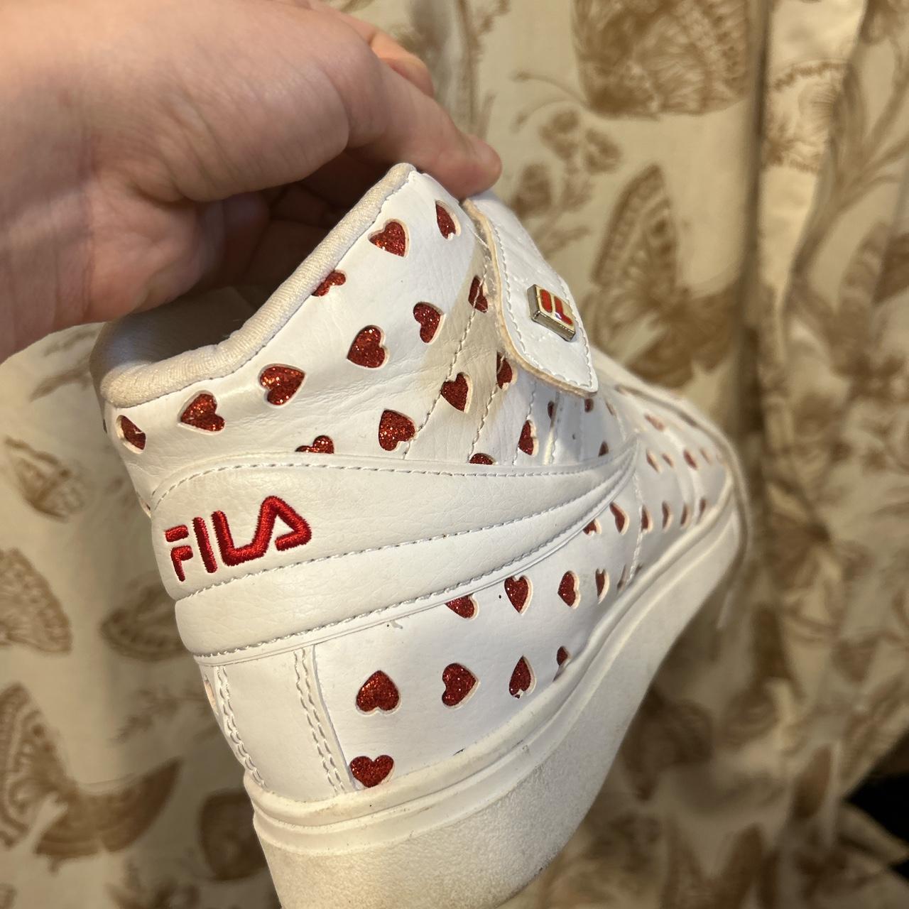 the cutest high top heart embellished filas labeled... - Depop