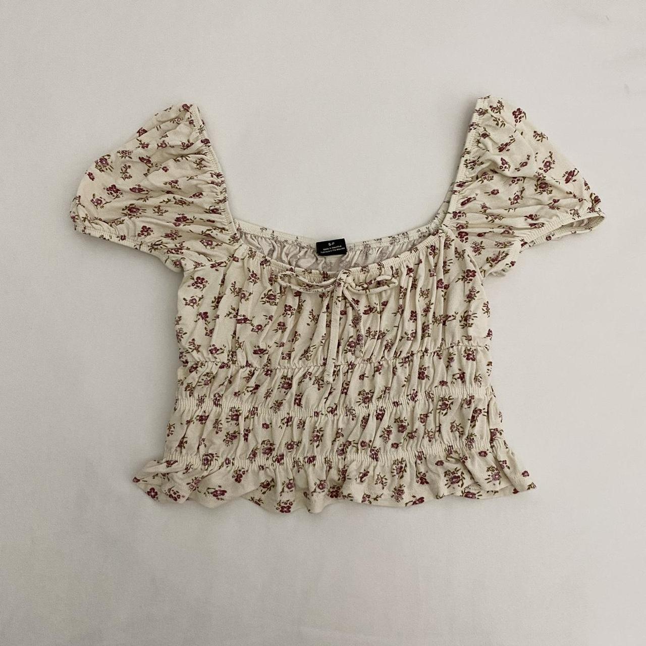 Urban Outfitters Fairy Floral Cream/Tan Cropped Top... - Depop