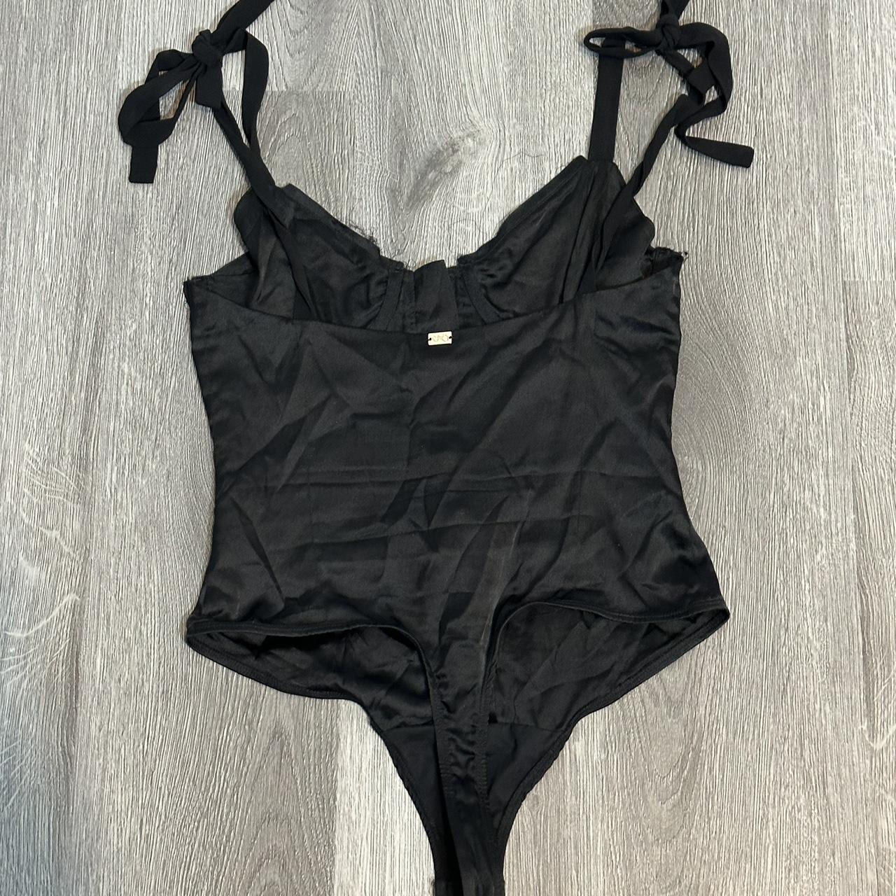 For Love & Lemons Lucy Hook And Eye Silk Bodysuit in Noir