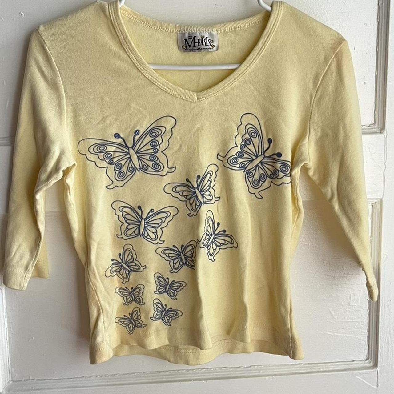 vintage 90s pale yellow baby tee with blue... Depop