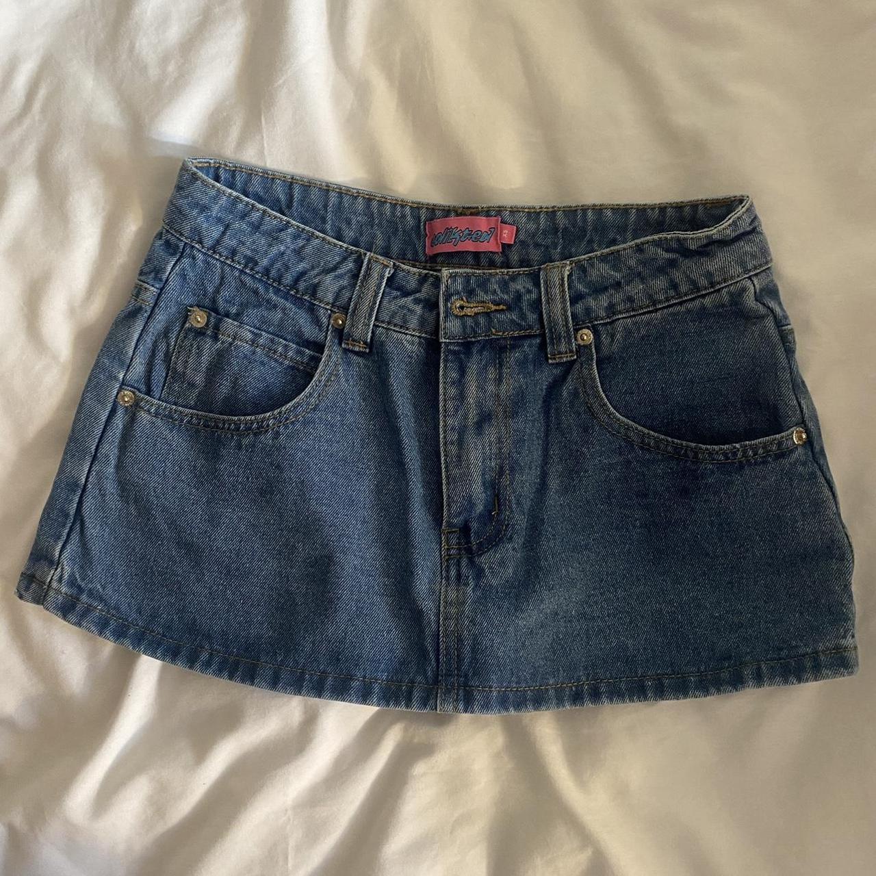 mid wash denim skirt/skort from edikted size XS,... - Depop