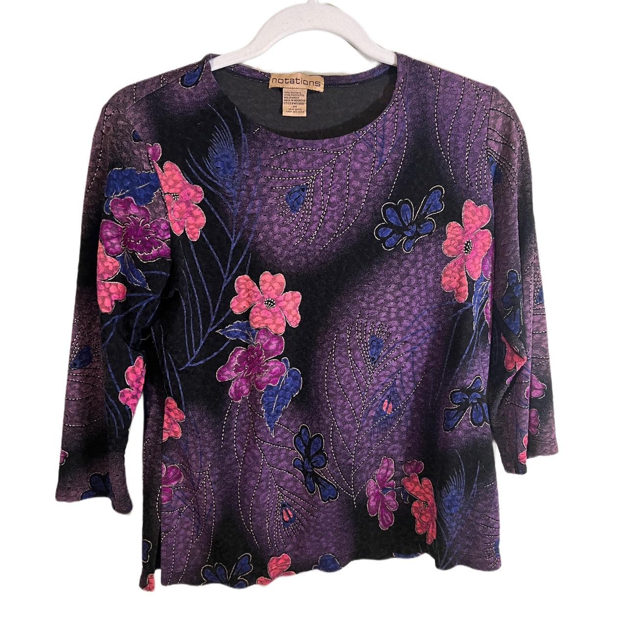 Notations medium purple and pink floral 3/4 sleeve... - Depop