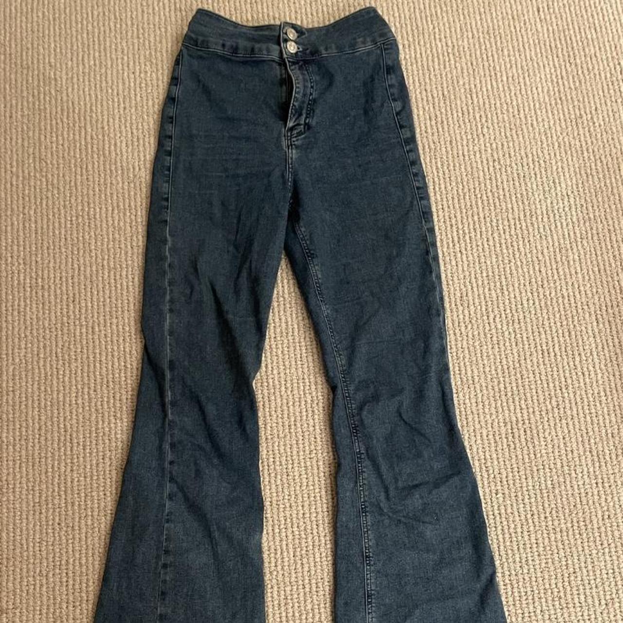 Top shop low/mid flared elasticated blue jeans... - Depop