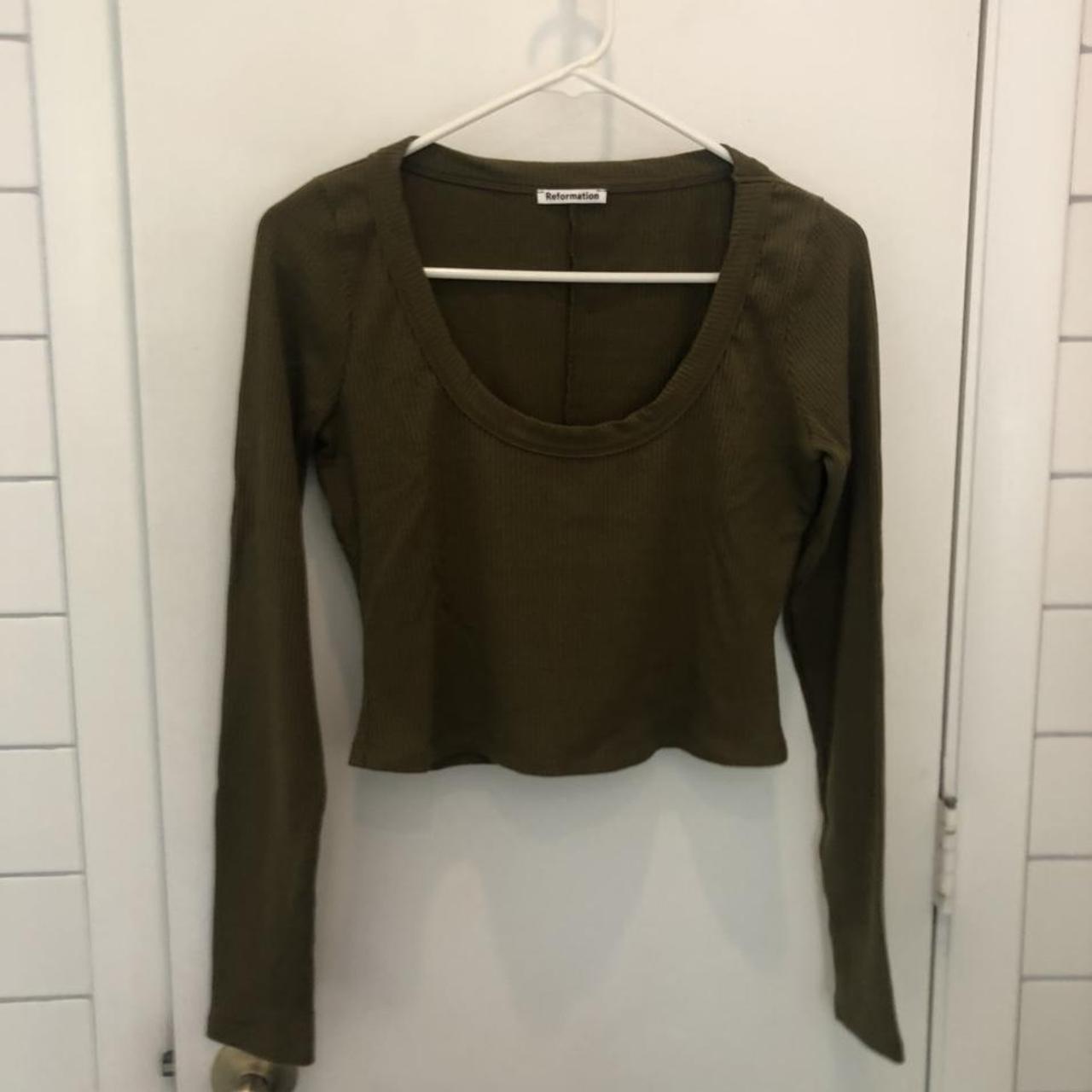 Reformation Paige knit top in dark olive, size... Depop