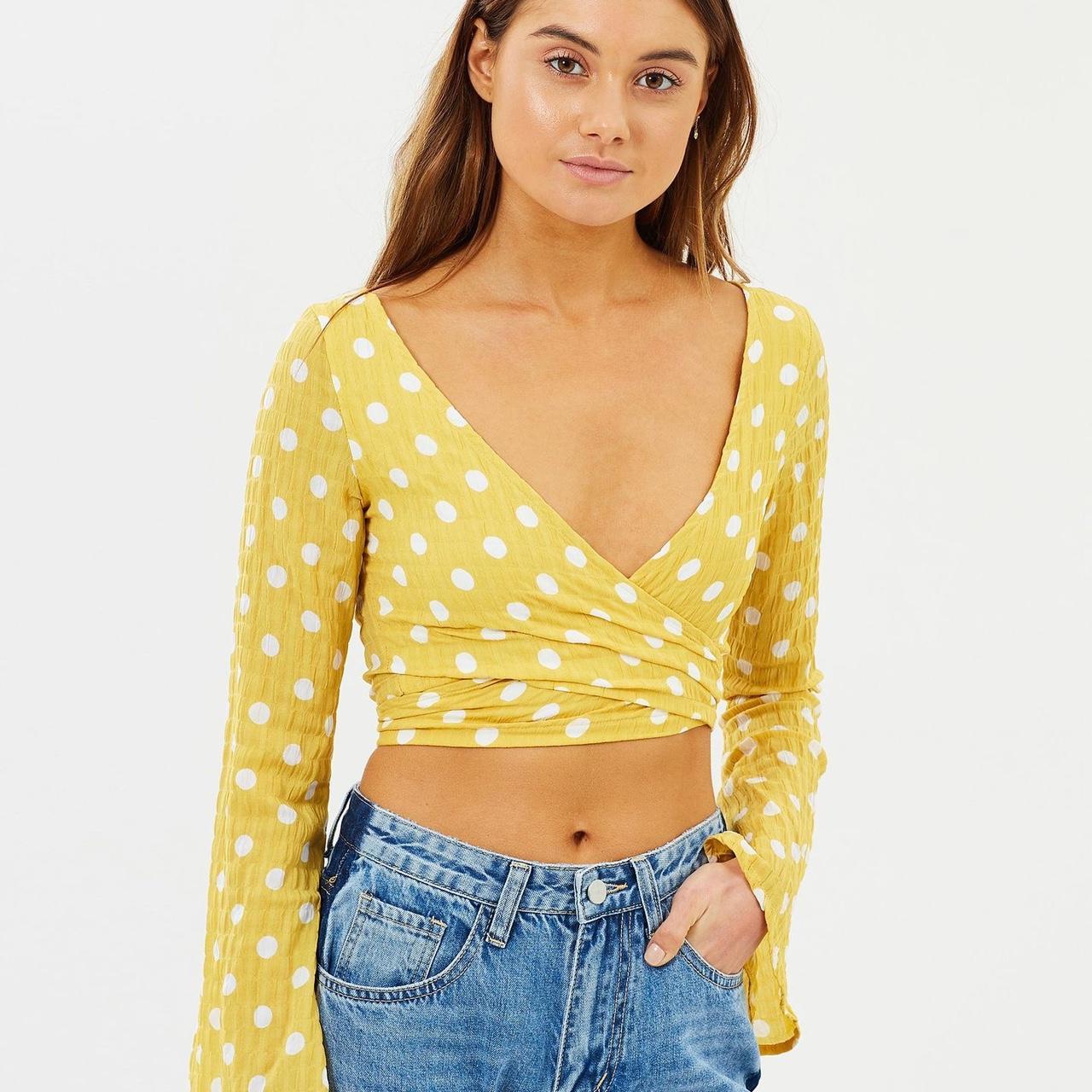 Yellow PolkaDot wrap/tieup long sleeved crop top... Depop