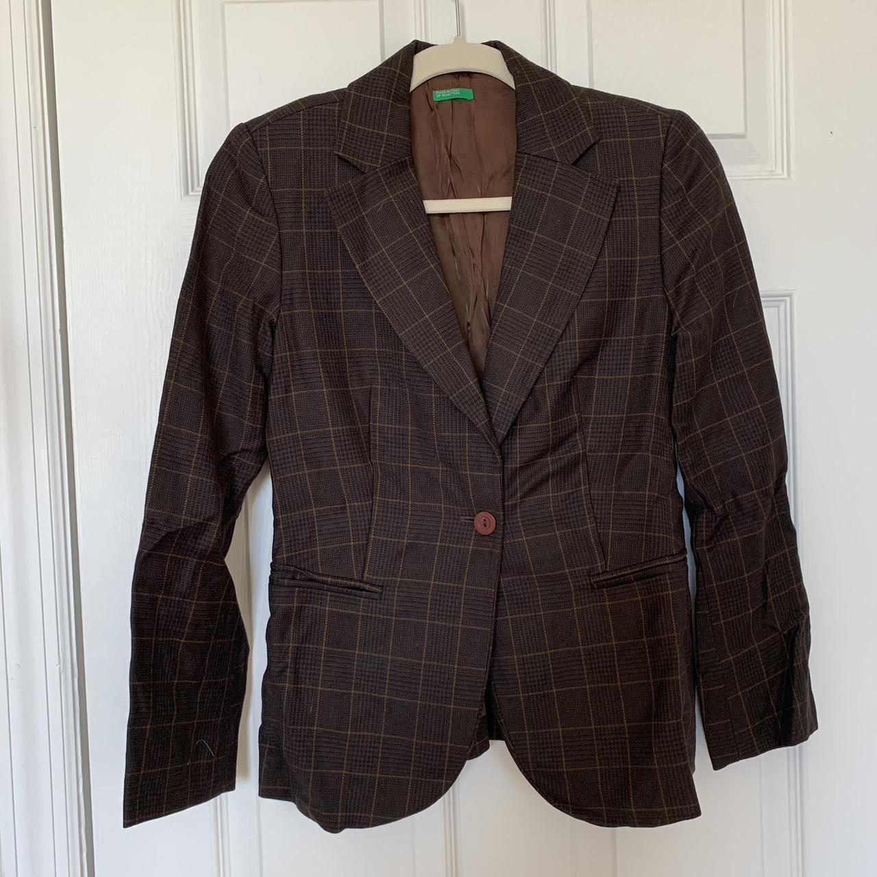 brown plaid benetton blazer. a little wrinkled in... - Depop