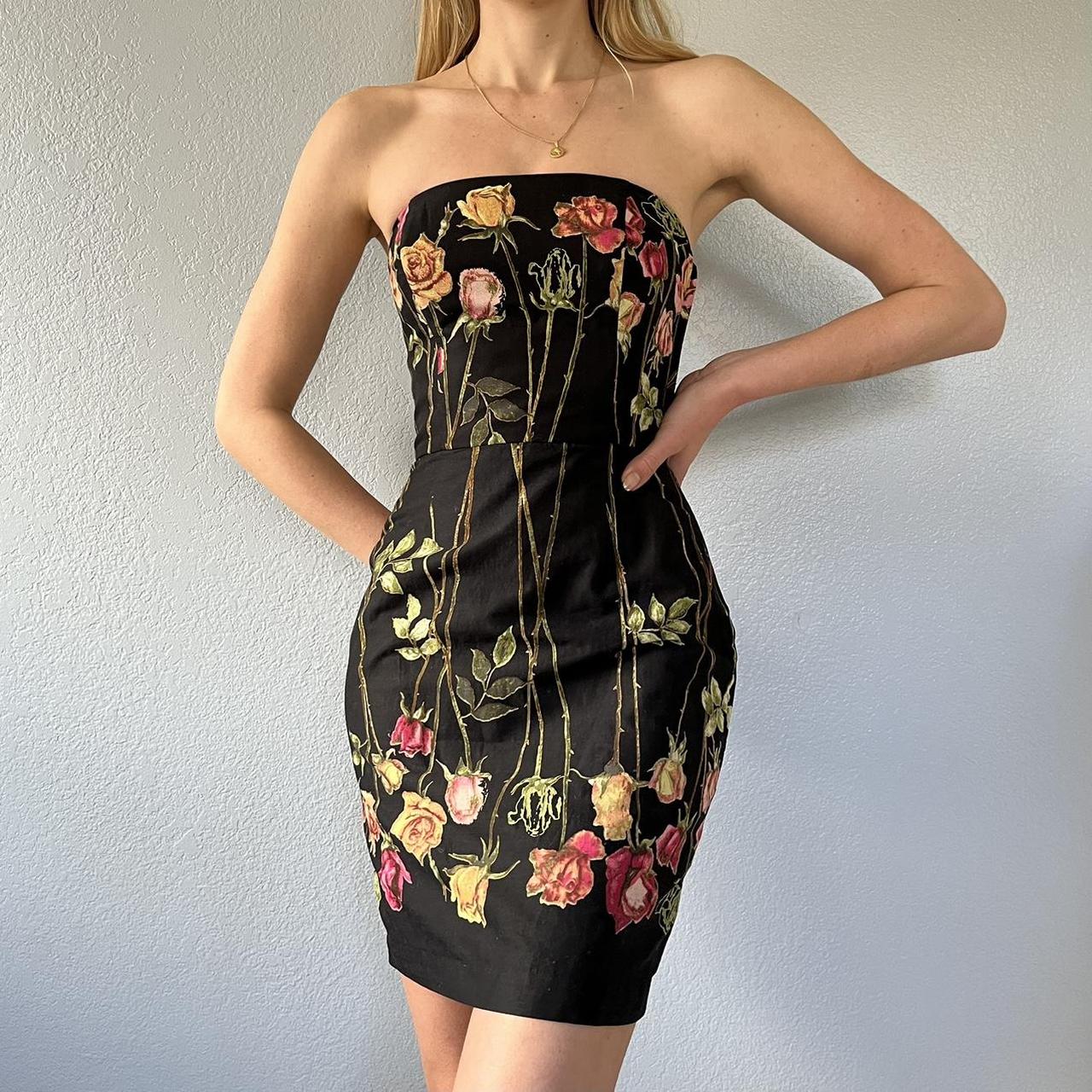 Betsy Johnson floral strapless cocktail dress. Metal... - Depop