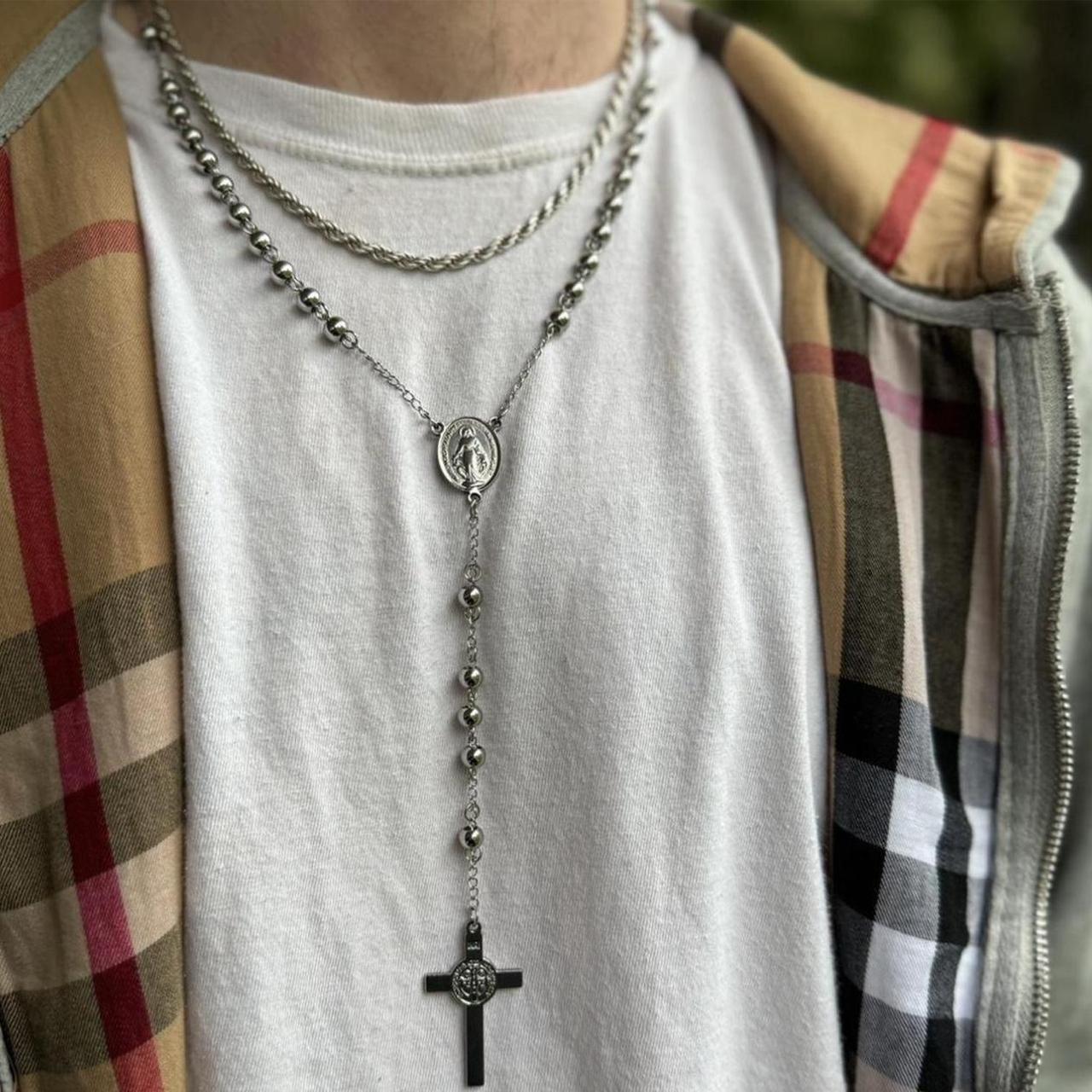 Mens silver rosary necklace deals